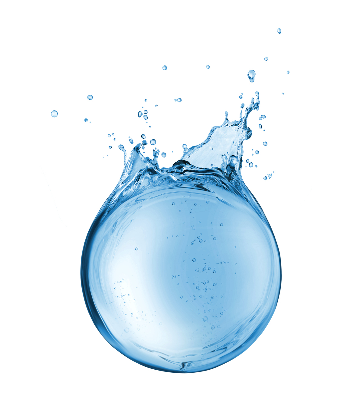 Abstract reservoir of water in the form of a sphere, isolated on a white background